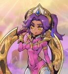  1girl bangs boomerang breasts cowboy_shot d: dark-skinned_female dark_skin dress gem hair_ornament hand_up holding holding_weapon league_of_legends long_hair lunar_empress_qiyana medium_breasts multicolored_background orange_eyes phantom_ix_row pink_dress qiyana_(league_of_legends) solo thighhighs twintails weapon white_thighhighs 