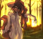  2023 anthro apogee_(tinygaypirate) big_tail black_nose blurred_background bottomless breasts brown_body brown_eyes brown_fur brown_hair canid canine canis cheek_tuft chest_markings chest_tattoo clothed clothing cowlick day domestic_dog dress_shirt ear_piercing eyebrow_through_hair eyebrows eyelashes facial_markings facial_piercing facial_tattoo facial_tuft female floppy_ears fur furgonomics furry-specific_piercing gauged_ear hair head_markings hi_res hip_markings hip_tattoo inner_ear_fluff leg_markings leg_tattoo long_hair looking_at_viewer mammal markings messy_hair mottled mottled_nose muzzle_piercing navel neck_markings neck_tattoo nipple_outline nose_piercing one_eye_closed outside oversized_shirt piercing pink_nose plant raised_arm shirt shirt_only slim smile solo spitz standing tail tattoo tinygaypirate toothy_smile topwear topwear_only translucent translucent_clothing translucent_hair translucent_shirt translucent_topwear tree tuft wink 