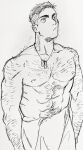  1boy abs arm_hair bara chest_hair cowboy_shot dickfish_(fishismdick) dog_tags hairy highres john_rottweil_(dickfish) large_pectorals looking_up male_focus mature_male muscular muscular_male navel navel_hair nipples original pectorals scan short_hair sideburns sketch solo stomach thick_eyebrows topless_male towel_around_waist traditional_media undercut 