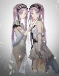  2girls bracelet chibirisu euryale_(fate) euryale_(third_ascension)_(fate) fate/hollow_ataraxia fate_(series) hand_on_another&#039;s_chin jewelry multiple_girls purple_eyes purple_hair siblings standing stheno_(fate) stheno_(third_ascension)_(fate) twins twintails wading 