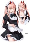  1girl alternate_costume apron artist_name black_bow black_bowtie black_dress black_ribbon bow bowtie breasts chainsaw_man cleavage cropped_legs cross-shaped_pupils dald demon_horns dress enmaided fangs hair_ribbon highres horns long_hair long_sleeves looking_at_viewer maid maid_apron maid_headdress multiple_views open_mouth orange_eyes pink_hair power_(chainsaw_man) puffy_long_sleeves puffy_short_sleeves puffy_sleeves red_horns ribbon short_dress short_sleeves simple_background smile symbol-shaped_pupils twintails waist_apron white_background 