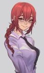  1girl artist_name black_necktie braid breasts brown_eyes chainsaw_man commentary english_commentary eyebrows_hidden_by_hair highres large_breasts mahmapuu makima_(chainsaw_man) necktie red_hair selfie single_braid smile solo upper_body watermark 