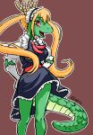  2018 2_horns anthro anthrofied biped blonde_hair clothed clothing countershade_tail countershading dragon eyebrows furnut gloves green_body green_eyes hair hands_on_own_hips handwear hi_res horn long_hair looking_at_viewer maid_headdress maid_uniform miss_kobayashi&#039;s_dragon_maid open_mouth pigtails pupils scales simple_background slit_pupils smile solo standing tail teeth tohru_(dragon_maid) tongue uniform white_clothing white_gloves white_handwear 