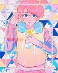  1girl artist_name blue_eyes blush cup drawstring drinking_straw glasses highres hood hood_down hoodie looking_at_viewer meyoco midriff_peek navel original pants pink_hair pink_pants print_cup short_hair sky_print solo sparkle transparent triangle upper_body watch wristwatch 