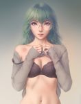  1girl bangs black_bra bra breasts eto_(tokyo_ghoul) glasses gradient gradient_background green_eyes green_hair hair_between_eyes highres lingerie lips long_hair looking_at_viewer medium_breasts miura-n315 navel parted_lips round_eyewear smile solo strap_slip tokyo_ghoul underwear upper_body 