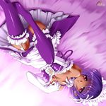  1girl artist_request bed breasts character_request cleavage dark_skin dress elbow_gloves garter_straps gloves highres looking_at_viewer lying maid maid_headdress naughty_face open_mouth panties purple_hair purple_legwear purple_panties red_eyes short_hair smile solo source_request thighhighs underwear zettai_ryouiki 