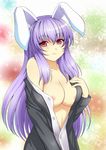  animal_ears aogu areolae bare_shoulders breasts bunny_ears cleavage highres large_breasts long_hair no_bra open_clothes open_shirt purple_hair red_eyes reisen_udongein_inaba shirt solo touhou 