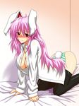  animal_ears bad_id bad_pixiv_id black_legwear blush breasts bunny_ears bunny_tail highres large_breasts long_hair panties pink_hair red_eyes reisen_udongein_inaba solo striped striped_panties tail thighhighs touhou underwear youu_(midgard) 