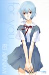  absurdres ayanami_rei bandaid bandaid_on_finger bandaid_on_hand bangs blue_hair character_name cowboy_shot fingernails highres looking_at_viewer neck_ribbon neon_genesis_evangelion okazaki_takeshi red_eyes ribbon scan school_uniform short_hair solo v_arms 