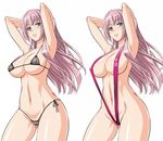  arms_behind_head artist_request bikini black_swimsuit blue_eyes blush breasts cameltoe cleavage comparison copyright_request denkishowgun fringe_hair hands_behind_head long_hair megurine_luka micro_bikini open_mouth pink_hair pink_swimsuit pose posing shaved_pussy side-tie_bikini sling_bikini smile swimsuit vocaloid 