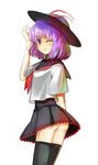  :p absurdres alternate_costume ass bad_id bad_pixiv_id gradient_hair hat highres lace multicolored_hair nagae_iku no_panties one_eye_closed organ_derwald purple_eyes purple_hair school_uniform serafuku short_hair simple_background solo thighhighs tongue tongue_out touhou upskirt 