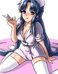  asakura_ryouko blue_eyes blue_hair esse hat long_hair lowres nurse nurse_cap solo suzumiya_haruhi_no_yuuutsu syringe thighhighs 