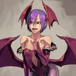  bare_shoulders bat_wings demon_girl elbow_gloves fang fangs flat_chest gloves head_wings highres leotard lilith_aensland pantyhose purple_hair red_eyes red_leotard shihou_(g-o-s) short_hair simple_background smile solo succubus vampire_(game) wings 