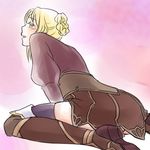  aida_(artist) blonde_hair blush female fredegund gensou_suikoden gensou_suikoden_tierkreis gradient gradient_background green_eyes skirt solo suikoden suikoden_tierkreis 