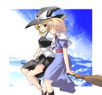  alice_margatroid blonde_hair blue_eyes braid broom broom_riding dress grin hairband hat hat_ribbon kirisame_marisa multiple_girls multiple_riders nirap ribbon short_hair sidesaddle smile touhou witch_hat yellow_eyes 