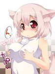  :&lt; animal_ears blush breasts breasts_apart impossible_clothes impossible_shirt inubashiri_momiji large_breasts red_eyes self_fondle shirt short_hair silver_hair sleeveless solo tail tera_zip touhou wolf_ears wolf_tail 