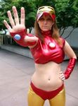  breasts brown_hair cosplay iron_man long_hair lowres marvel mask midriff photo 