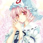  ayase_hazuki bug butterfly face floral_background hands hands_clasped hat insect looking_at_viewer own_hands_together pink_hair red_eyes ribbon saigyouji_yuyuko solo touhou upper_body 