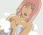  1girl artist_request bangs bare_shoulders blush green_eyes haruno_sakura looking_to_the_side lowres naked_towel naruto open_mouth pink_hair short_hair solo steam towel upper_body 