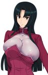  areolae black_hair blush breasts brown_eyes cleavage dress gundam gundam_00 highres large_breasts long_hair long_sleeves nipples see-through shiny shiny_clothes skin_tight smile solo turtleneck wang_liu_mei zundarepon 