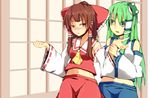  bad_id bad_pixiv_id blush bow brown_hair detached_sleeves frog green_eyes green_hair hair_bow hair_ornament hakurei_reimu kochiya_sanae long_hair multiple_girls short_hair snake touhou yoshida_project yuri 