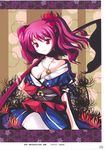  absurdres bare_shoulders breasts cleavage flower hair_bobbles hair_ornament head_tilt highres ideolo medium_breasts no_nose onozuka_komachi red_eyes red_hair scan scythe seductive_smile short_hair smile solo spider_lily touhou 