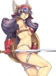  armor bikini_armor choker dragon_quest dragon_quest_iii elbow_gloves gloves helmet highres long_hair mizuryuu_kei purple_eyes purple_hair queen's_blade shield soldier_(dq3) solo sword thigh_strap weapon winged_helmet 