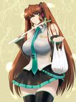  arisaka_hatsune bag breasts brown_hair cosplay detached_sleeves fuzuki_hajime hatsune_miku hatsune_miku_(cosplay) headphones huge_breasts long_hair namesake necktie one_eye_closed pun skirt smile solo spring_onion thighhighs tona-gura! twintails vocaloid zettai_ryouiki 