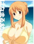  bikini_top blush breast_lift breasts brown_eyes cleavage copyright_name front-tie_top hanamaru_youchien highres huge_breasts long_hair looking_at_viewer orange_hair smile solo translated upper_body yamamoto_nanako yn_red 