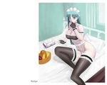  apple aqua_eyes aqua_hair ark_(morita_hitomi) banana bare_shoulders basket bed bow breasts character_name choker cleavage demon_girl food frills fruit gloves large_breasts long_hair maid maid_headdress morrigan_aensland solo succubus thighhighs vampire_(game) wallpaper 