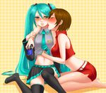  aqua_hair aqua_nails bare_shoulders breasts brown_hair closed_eyes cup detached_sleeves drunk hatsune_miku hug licking long_hair medium_breasts meiko midriff miniskirt multiple_girls murasaki_(ekyu) nail_polish navel necktie red_nails short_hair skirt thighhighs tongue twintails very_long_hair vocaloid yuri 