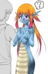  ? blue_skin blush breasts covering covering_breasts fingernails gradient_hair lamia medium_breasts monster_girl multicolored_hair nme nude orange_hair original pointy_ears purple_eyes twintails 