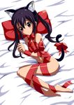  absurdres animal_ears bad_id bad_pixiv_id barefoot bdsm bed black_hair blush bondage bound brown_eyes cat_ears flat_chest full_body highres jimoku_(pixiv) k-on! long_hair lying nakano_azusa naked_ribbon nude pillow restrained ribbon ribbon_bondage solo tail tail_ribbon transparent_background twintails 