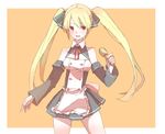  bad_id bad_pixiv_id bare_shoulders blonde_hair cleavage_cutout detached_sleeves dream_c_club dream_c_club_(series) maid mian_(dream_c_club) miniskirt red_eyes ribbon simple_background skirt sobame_shi_o solo twintails 