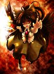  :d black_wings brooch full_body gem green_skirt jewelry kurona looking_at_viewer open_mouth outstretched_arm reiuji_utsuho shaded_face skirt smile solo touhou wings 