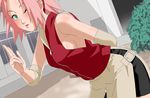  breasts green_eyes haruno_sakura leaning_forward medium_breasts naruto naruto_(series) one_eye_closed pink_hair sideboob solo 