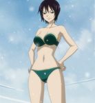  bare_shoulders belly_button black_hair bra breasts cap cleavage fairy_tail hand_on_hip hands_on_hips highres hips lingerie midriff navel panties screencap short_hair snow snowing stitched thighs underwear ur_(fairy_tail) 