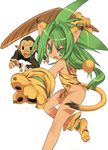  animal_ears animal_print blade_(galaxist) boomerang bottomless cat_ears cham_cham fang gloves green_eyes green_hair highres long_hair monkey no_panties open_mouth paku_paku paw_gloves paw_shoes paws queen's_gate samurai_spirits shoes snk tail tiger_print torn_clothes weapon 
