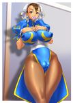  absurdres breast_suppress breasts brown_eyes brown_hair bun_cover cameltoe china_dress chinese_clothes chun-li clitoris condom condom_in_mouth cosine covered_nipples double_bun dress erect_clitoris highres huge_breasts mouth_hold narrow_waist pantyhose pelvic_curtain sash solo street_fighter wide_hips 