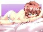  blue_eyes breasts brown_hair cleavage long_hair looking_at_viewer lying medium_breasts nude original seductive_smile smile solo takase_muu thigh_gap towel 