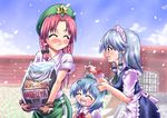  blue_eyes blue_hair bow braid cirno gelatin hair_bow hat hong_meiling izayoi_sakuya long_hair maid multiple_girls red_hair short_hair silver_hair tennouji_masamichi touhou twin_braids wings 