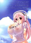  1girl big_breasts blush breasts food girl headphones highres huge_breasts ice_cream large_breasts licking long_hair nipples nitroplus pink_hair popsicle red_eyes solo super_sonico 