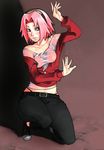  1girl artist_request bare_shoulders belt black_pants black_shoes blush collarbone green_eyes hand_up haruno_sakura headband headdress highleg highleg_panties kneeling konohagakure_symbol long_sleeves naruto one_knee panties pants photoshop shirt shoes shopped short_hair solo underwear 