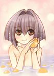  bath breasts cleavage food fruit kagesaki_yuna karin maaka_karin medium_breasts nude purple_hair red_eyes short_hair smile solo water yuzu_(fruit) yuzu_bath 