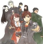  3girls 4boys akizuki_daigo amily_(garo) bangs black_coat black_hair brown_hair coat dougai_ryuuga fingerless_gloves flower gald_homura garo_(series) garo_gold_storm_flight_(series) gloves hair_flower hair_ornament haruna_homura itasa_ha_tsu_yo_sa jinga_(garo) long_hair looking_at_viewer multiple_boys multiple_girls one_side_up red_shirt rian_(garo) shirt short_shorts shorts simple_background single_fingerless_glove white_background white_hair zaruba 