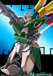  beam_saber blue_eyes copyright glowing glowing_eye gun gundam gundam_arsenal_base gundam_build_fighters heterochromia holding holding_gun holding_sword holding_weapon ishiyumi mecha mobile_suit no_humans official_art red_eyes robot science_fiction solo sword v-fin weapon wing_gundam_fenice 