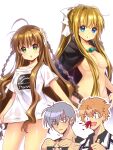  2boys 2girls ahoge air_(visual_novel) bangs black_cape blonde_hair blood bottomless bow braid breasts brown_hair cape clothes_writing commentary_request flower grey_hair hair_bow hair_censor hair_flower hair_intakes hair_ornament jewelry kamio_misuzu kanbe_kotori key_(company) kunisaki_yukito large_breasts lliissaawwuu2 long_hair multiple_boys multiple_girls necklace nosebleed orange_hair ponytail rewrite shirt short_hair sidelocks simple_background tennouji_kotarou thumbs_up twin_braids white_background white_bow white_flower white_shirt 