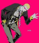  1boy arm_up black_jacket blonde_hair donquixote_doflamingo english_text feet_out_of_frame hand_in_pocket jacket long_sleeves looking_at_viewer male_focus mature_male mescaline multicolored_clothes necktie one_piece pink_background short_hair smile striped_necktie sunglasses white-framed_eyewear 
