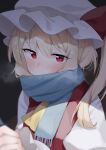  1girl absurdres ascot bangs blonde_hair blurry blush breath covered_mouth dark_background depth_of_field flandre_scarlet from_above hat highres looking_at_viewer mob_cap red_eyes scarf suikario touhou white_headwear yellow_ascot 