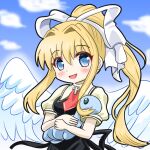  1girl :d air_(visual_novel) angel_wings ascot bangs blonde_hair blue_eyes blue_sky cloud commentary_request kamio_misuzu kaneko_(sakeinu) long_hair looking_at_viewer open_mouth outdoors ponytail puffy_short_sleeves puffy_sleeves red_ascot sauropod short_sleeves sidelocks sky smile solo upper_body white_wings wings 
